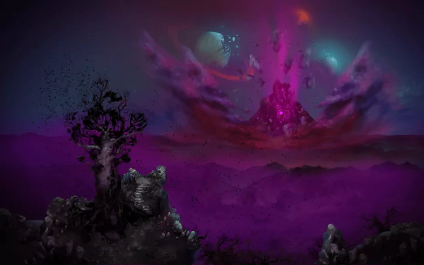 HD desktop wallpaper featuring a mystical landscape from Children of Morta with a vibrant, cosmic energy eruption in the sky.