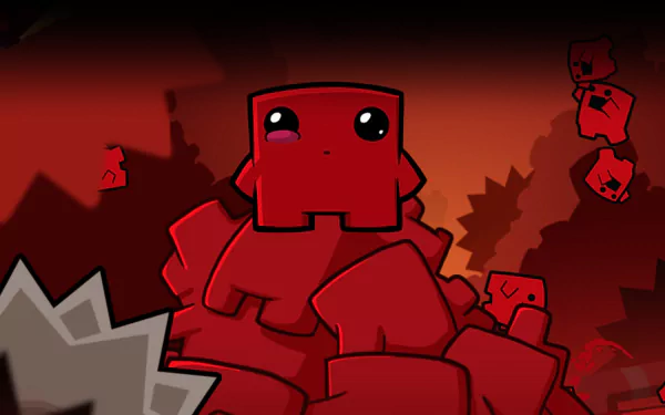 HD wallpaper featuring Super Meat Boy from Super Meat Boy Forever with a dramatic red background.