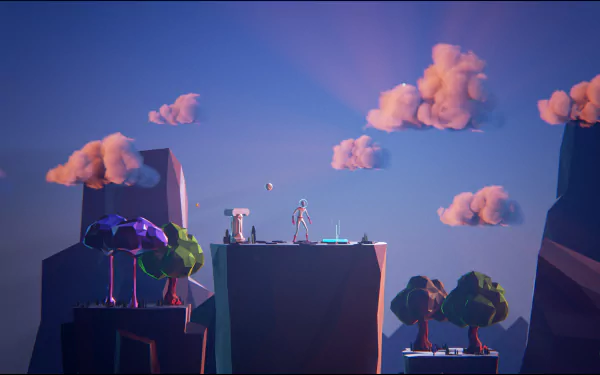 HD desktop wallpaper featuring a scene from Planet Alpha with an astronaut exploring mystical floating islands against a dusky sky.