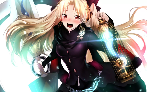 HD PC desktop wallpaper of Ereshkigal (Fate/Grand Order): anime heroine with long blonde hair and dark outfit, blushing smile, clutching a glowing golden lantern/staff amid colorful light streaks.