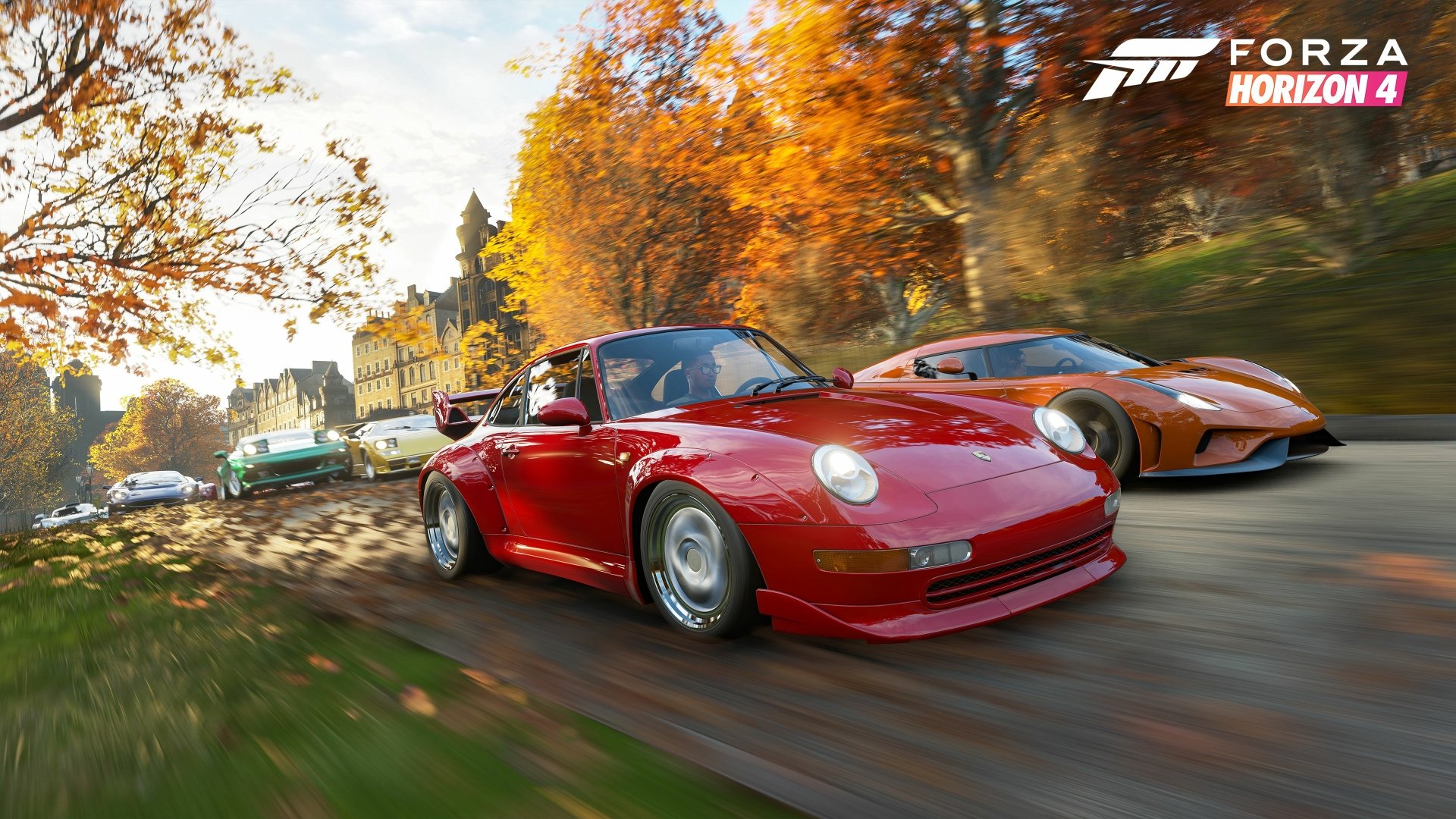 Forza Horizon 4 video game 4K Ultra HD PC desktop wallpaper: red vintage sports car leading a pack along a sunlit autumn road, blurred motion and falling leaves.