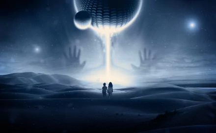 5K Ultra HD PC desktop wallpaper: two children (boy and girl) stand in a moonlit desert landscape beneath a luminous beam from a hovering alien sphere, surreal sci‑fi atmosphere.