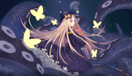 4K Ultra HD PC desktop wallpaper featuring Abigail Williams from Fate/Grand Order, surrounded by glowing butterflies and dark tentacles in a mystical anime scene.