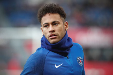 HD desktop wallpaper featuring Brazilian soccer star Neymar in a blue Paris Saint-Germain training jacket, captured in a sports setting.
