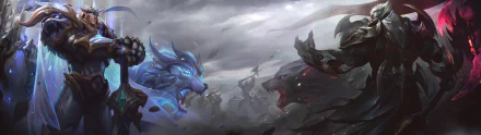 HD League of Legends desktop wallpaper featuring warriors Garen and Darius facing off amid a stormy battlefield with spectral wolves snarling in the foreground.
