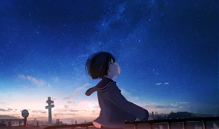 Anime-style HD desktop wallpaper featuring a short black-haired character gazing at a starry night sky above a cityscape.