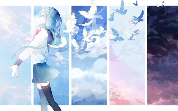 HD desktop wallpaper featuring an original anime character with blue hair in a school uniform. The background is a mix of blue skies and birds flying, creating a dreamy and serene atmosphere.