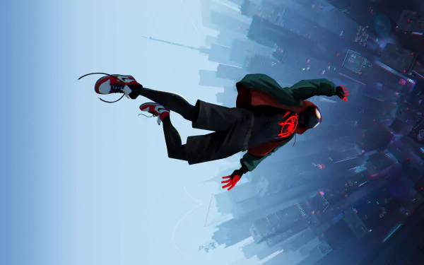 A dynamic HD desktop wallpaper featuring Miles Morales as Spider-Man from the movie Spider-Man: Into The Spider-Verse, soaring above a city skyline.