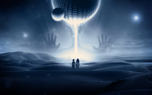 5K Ultra HD PC desktop wallpaper: two children (boy and girl) stand in a moonlit desert landscape beneath a luminous beam from a hovering alien sphere, surreal sci‑fi atmosphere.