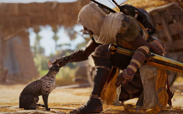 Bayek of Siwa from Assassin's Creed Origins gently pets a cat in a detailed 4K Ultra HD video game scene, designed as a PC desktop wallpaper.