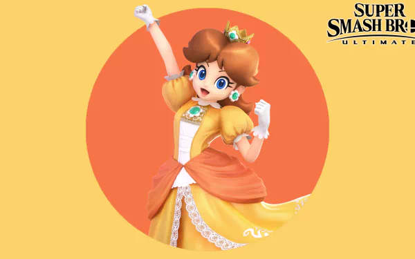 HD PC desktop wallpaper of Princess Daisy from the Super Mario video game, posing against an orange circle; Super Smash Bros. Ultimate logo in the corner.