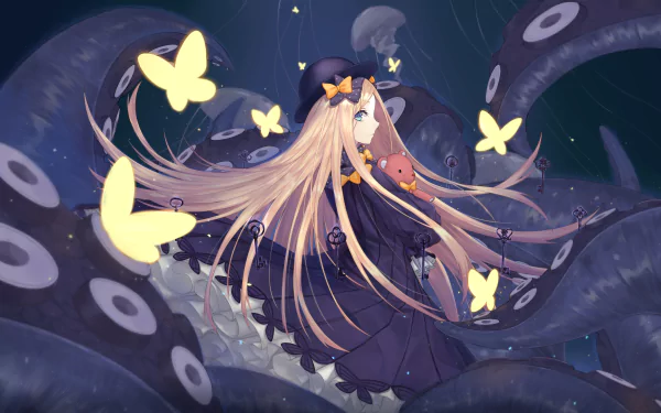 4K Ultra HD PC desktop wallpaper featuring Abigail Williams from Fate/Grand Order, surrounded by glowing butterflies and dark tentacles in a mystical anime scene.