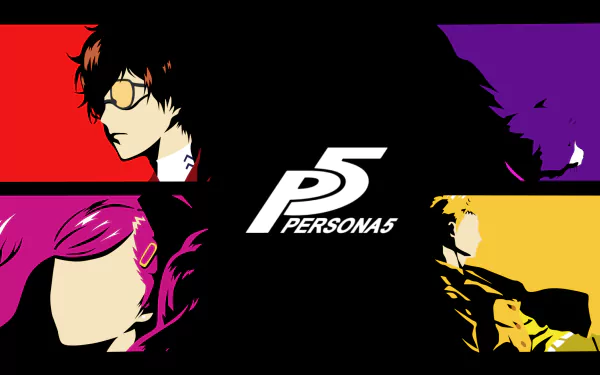 Minimalist Persona 5 HD desktop wallpaper featuring silhouette profiles of Ann Takamaki, Ryuji Sakamoto, Morgana, and Akira Kurusu against bold red, purple, pink, and yellow backgrounds.