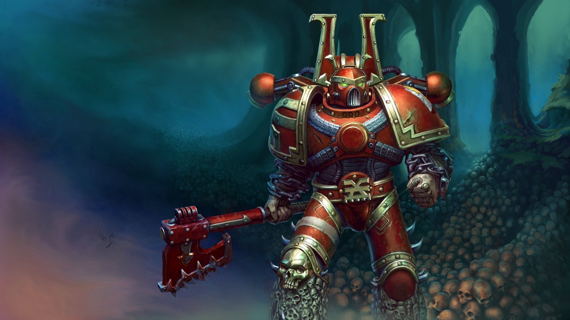HD PC wallpaper featuring a Warhammer 40k warrior in red armor with a skull emblem, wielding a large weapon in a dark, eerie environment.