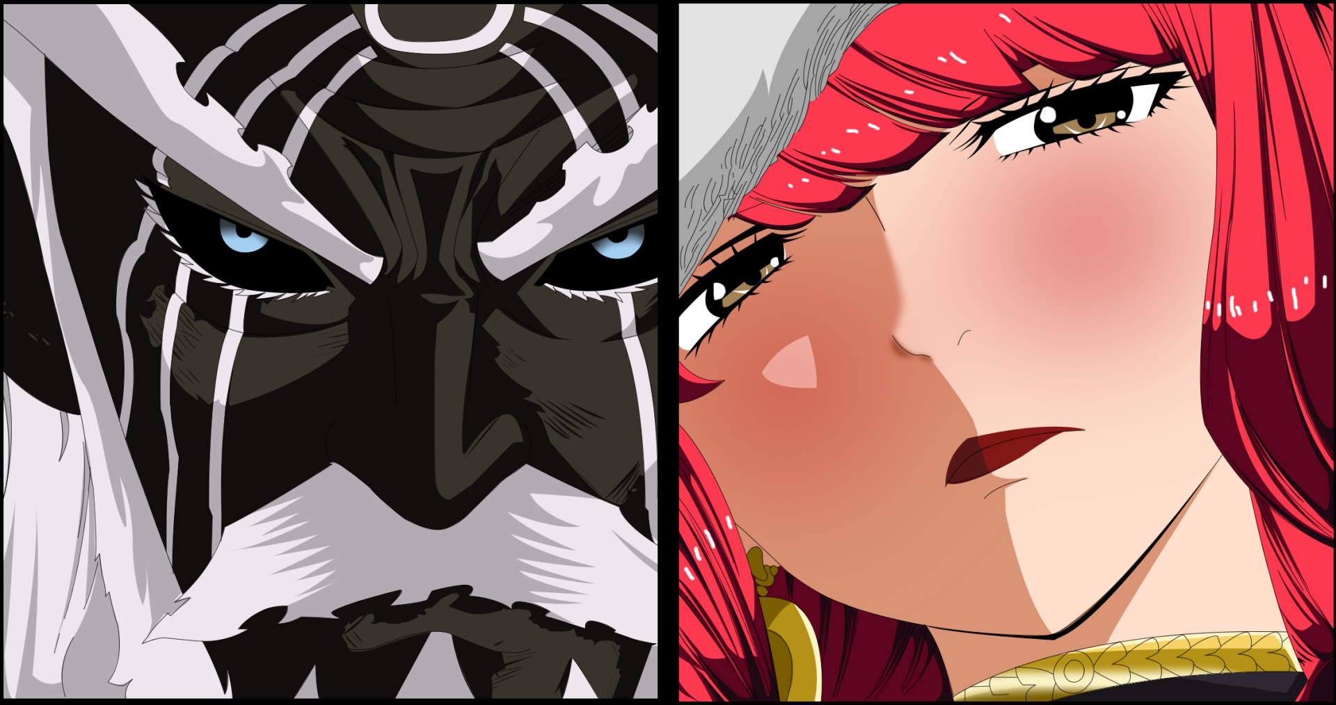 HD anime wallpaper featuring close-up faces of Irene Belserion and August from Fairy Tail, showcasing detailed expressions and vibrant colors.