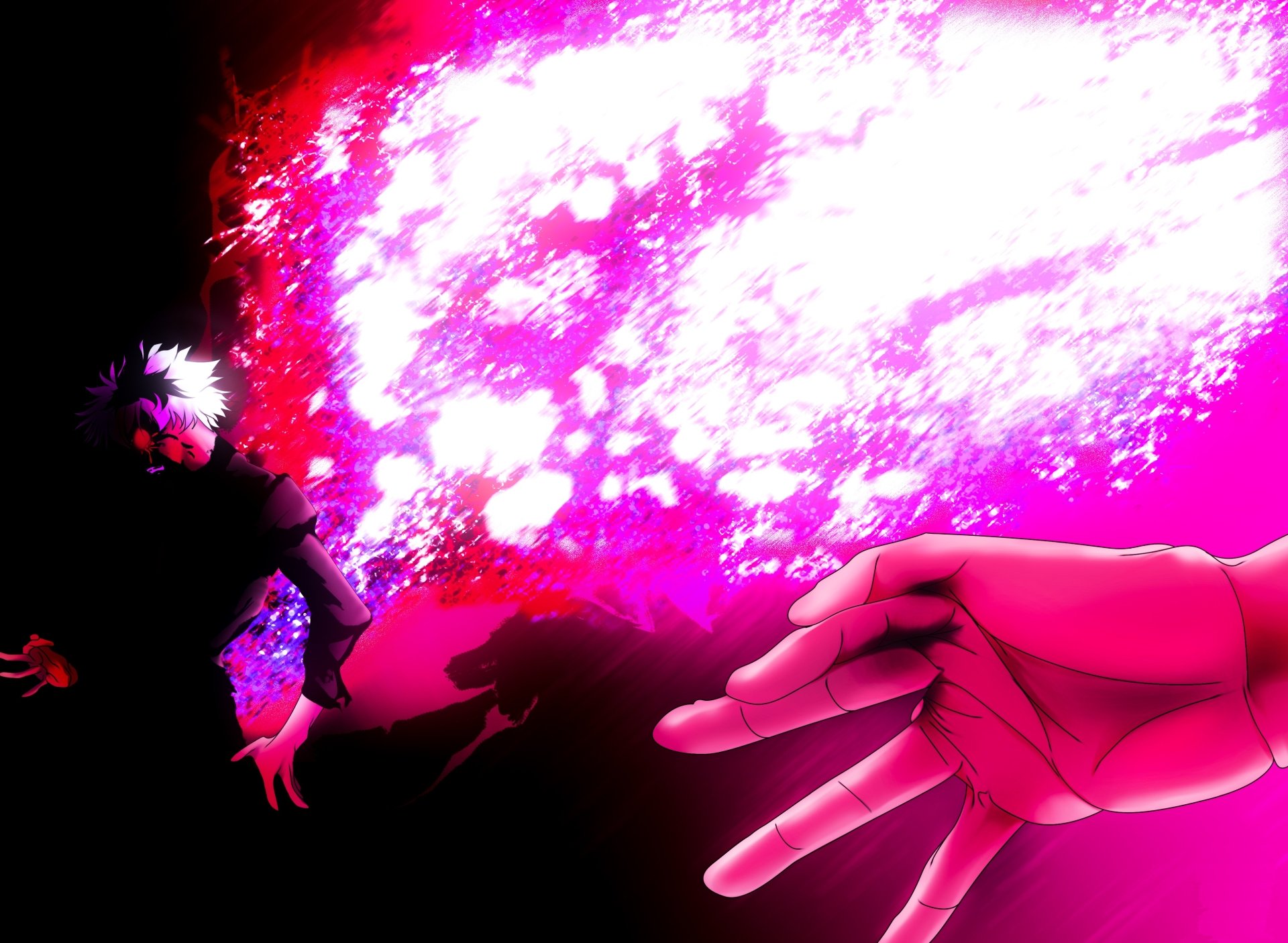 HD anime desktop wallpaper featuring Ken Kaneki in a vibrant, intense scene from Tokyo Ghoul:re with vivid reds and bright pinks.