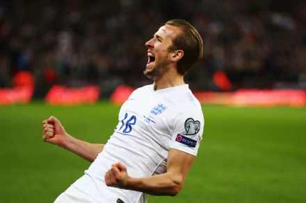HD desktop wallpaper featuring English soccer player Harry Kane celebrating passionately during a match.