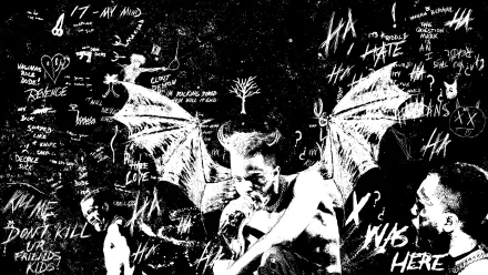 HD desktop wallpaper featuring artist XXXTentacion, surrounded by handwritten lyrics and drawings, including angel wings and phrases reflecting his music and thoughts.
