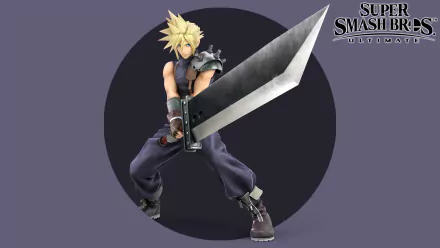 HD desktop wallpaper featuring Cloud Strife from Final Fantasy VII poised with his iconic sword, set against a dark circle with the Super Smash Bros. Ultimate logo.
