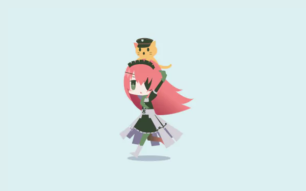 HD desktop wallpaper of an Overlord anime character with pink hair, wearing a maid outfit, and a small, uniformed creature sitting on her head against a plain light background.