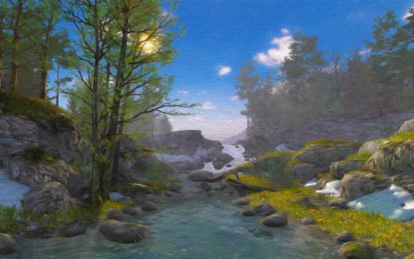 4K Ultra HD PC desktop wallpaper/background: spring stream winding through mossy rocks and blooming banks under sunlit trees and a clear blue sky.