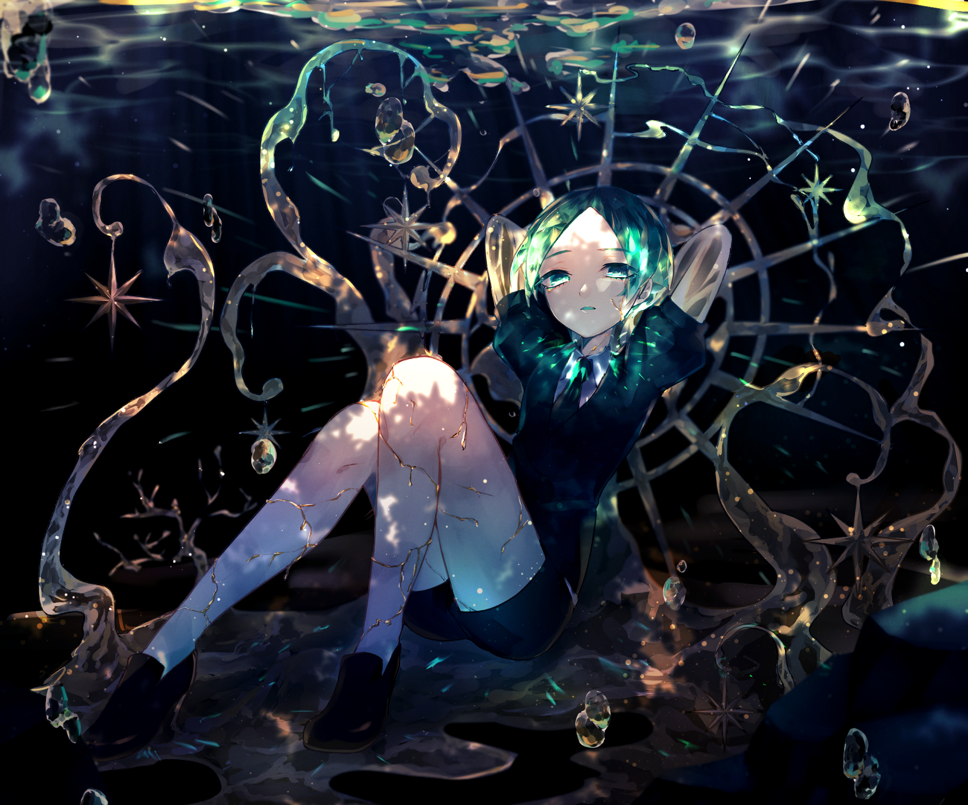 HD PC desktop wallpaper featuring Phosphophyllite from the anime Land of the Lustrous, surrounded by intricate glowing crystal patterns and dark, ethereal background.