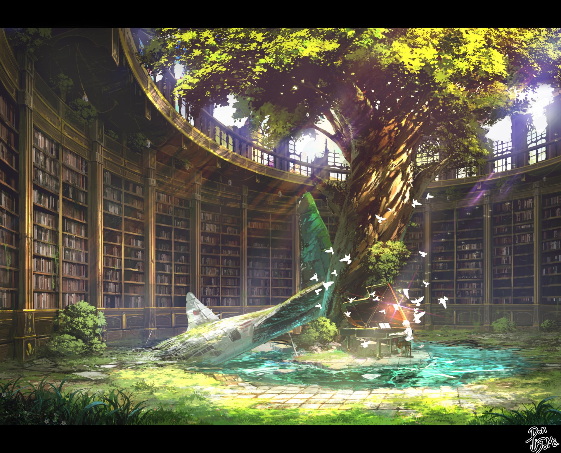 An HD anime-style image of a post-apocalyptic library in ruins, illuminated by soft light. A large tree grows through a broken piano, surrounded by greenery and fluttering birds.