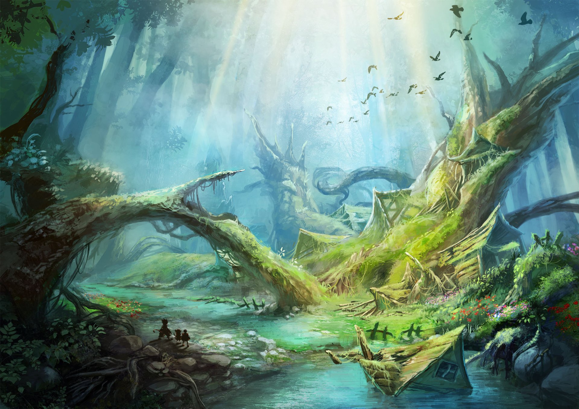 HD anime-style original wallpaper depicting a serene forest scene with lush greenery, a flowing stream, fallen tree trunks, and birds flying in the sunlight filtering through the canopy.