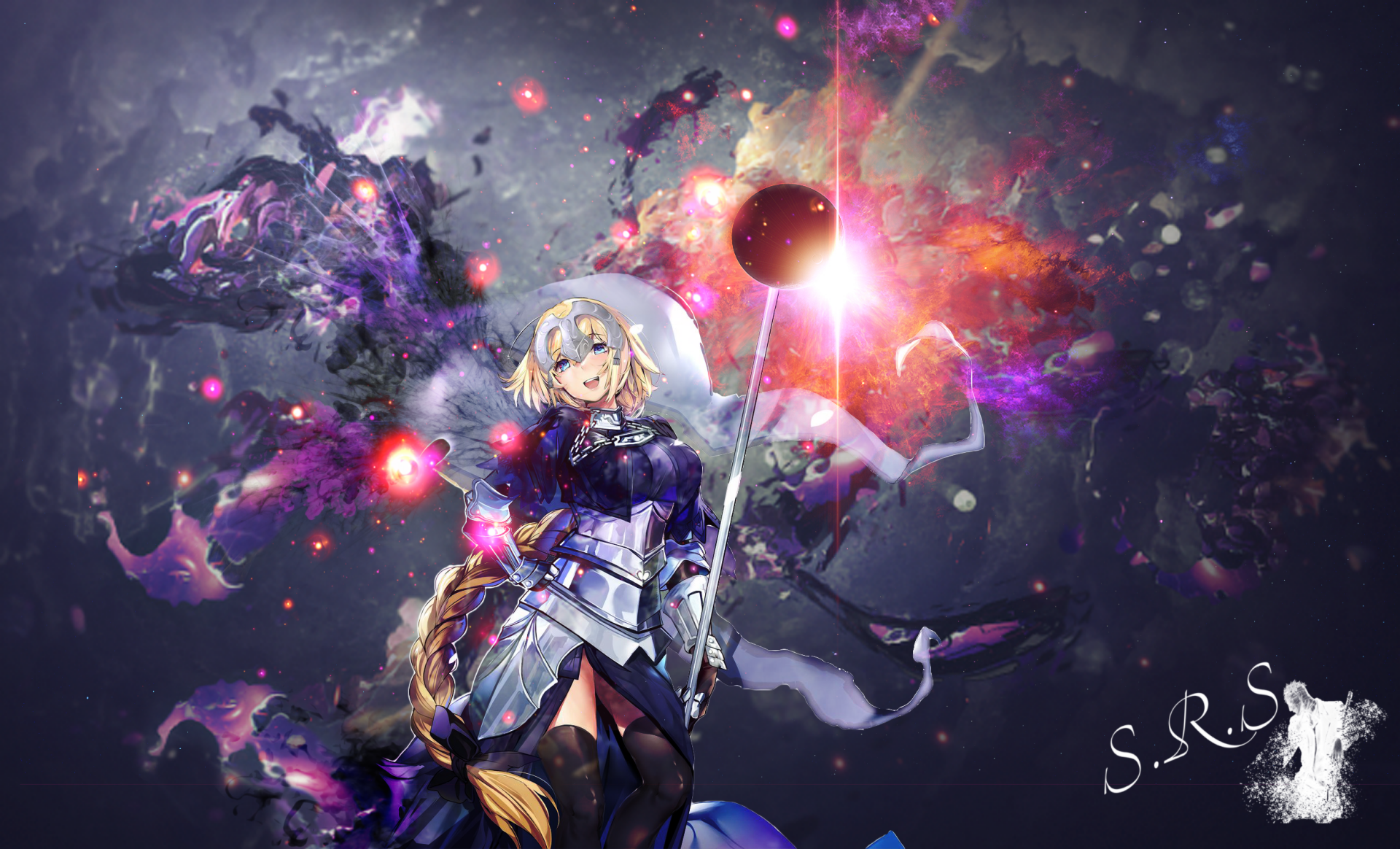 HD PC desktop wallpaper featuring Jeanne d'Arc (Ruler) from Fate/Grand Order in anime style, surrounded by dark, cosmic energy and glowing effects.