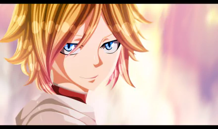 Dimaria Yesta from Fairy Tail: close-up anime portrait, golden hair and blue eyes against a soft pink bokeh — 2K Quad HD PC desktop wallpaper.