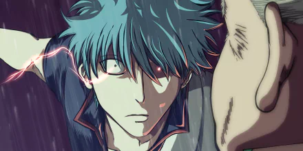 HD anime desktop wallpaper featuring Gintoki Sakata from Gintama, showcasing intense expression with glowing red eye and dynamic lighting.