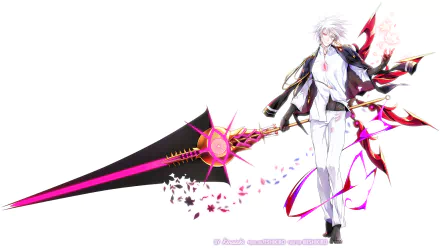 HD anime wallpaper featuring Lancer of Red from Fate/Apocrypha, showcasing his striking appearance with white hair and a large, dark lance with vibrant pink accents.