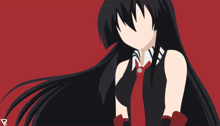 Minimalist 8K Ultra HD anime wallpaper featuring Akame from Akame Ga Kill!, with flowing black hair and a red tie against a solid red background.