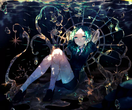 HD PC desktop wallpaper featuring Phosphophyllite from the anime Land of the Lustrous, surrounded by intricate glowing crystal patterns and dark, ethereal background.