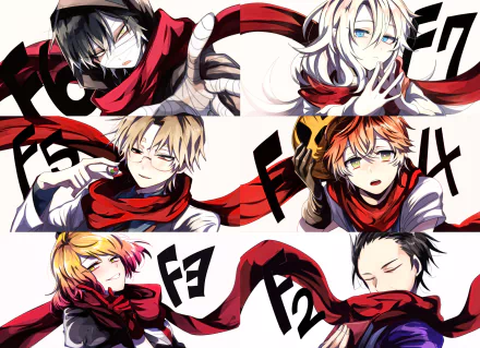 HD anime desktop wallpaper featuring Gray, Edward Mason, Daniel Dickens, Catherine Ward, Rachel Gardner, and Zack from Angels of Death, with bold red and black accents.