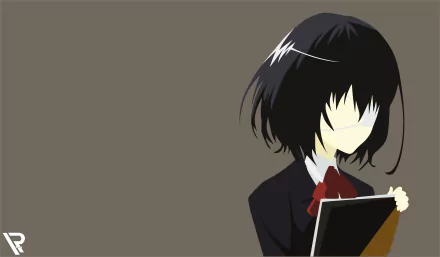 Minimalist 8K Ultra HD anime wallpaper of Mei Misaki from Another, featuring her signature eye patch, black hair, and a red bow on her school uniform.