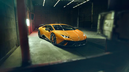 A yellow Lamborghini Huracan Performante supercar parked inside a dimly lit garage, captured in stunning 4K Ultra HD for a desktop wallpaper background.