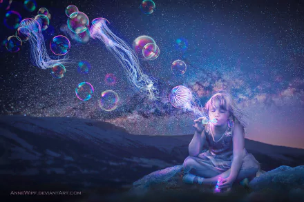 star night bubble little girl fantasy child HD Desktop Wallpaper | Background Image