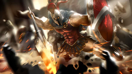 HD PC desktop wallpaper featuring Pantheon from League of Legends, showcasing the warrior in dynamic battle with glowing spear and shield amid flying debris.