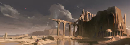 A dramatic 4K Ultra HD fantasy landscape of desert ruins with towering arches, lightning striking under stormy skies, reflecting a mystical and rugged natural scene.