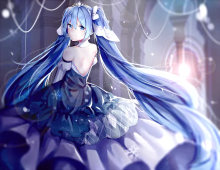 HD anime desktop wallpaper featuring Hatsune Miku and Yuki Miku in a detailed Vocaloid-inspired design with flowing blue hair and intricate outfit.