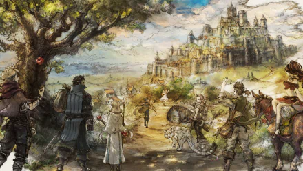 HD wallpaper featuring Octopath Traveler characters Alfyn, Cyrus, H'aanit with Linde, Olberic, Ophilia, Primrose, Therion, and Tressa in a scenic landscape.