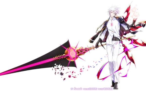 HD anime wallpaper featuring Lancer of Red from Fate/Apocrypha, showcasing his striking appearance with white hair and a large, dark lance with vibrant pink accents.