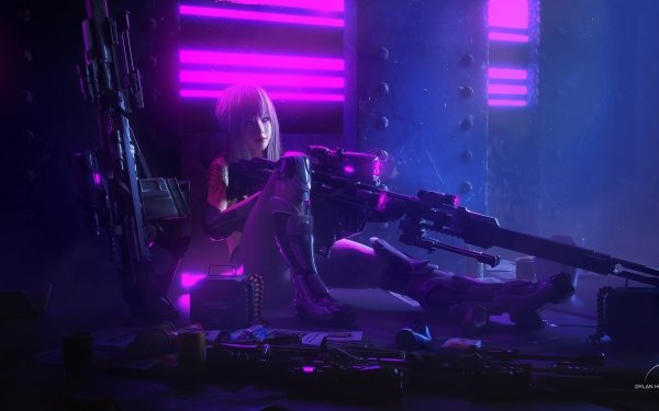 Sci Fi Cyberpunk Woman Warrior Tattoo Weapon Gun Purple HD Wallpaper | Background Image