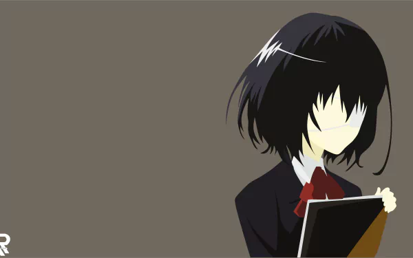 Minimalist 8K Ultra HD anime wallpaper of Mei Misaki from Another, featuring her signature eye patch, black hair, and a red bow on her school uniform.