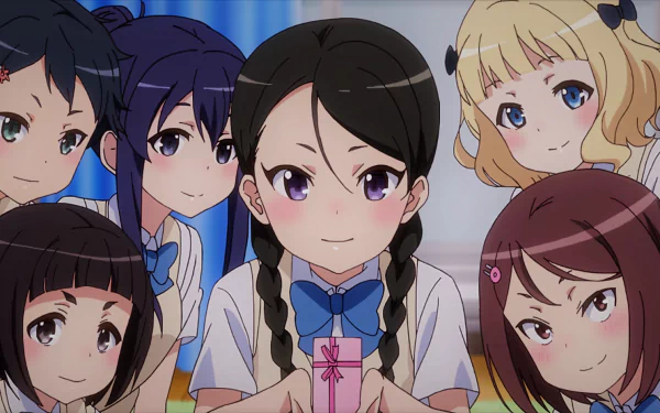 Anime HD PC desktop wallpaper from Sword Art Online Alternative: Gun Gale Online, six schoolgirls gathered as the braided central girl smiles holding a small pink gift.