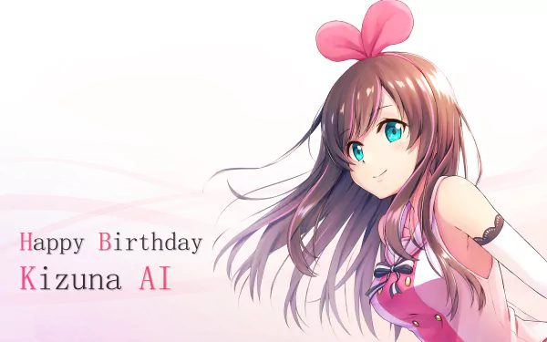 Smiling Kizuna AI (AI Channel) anime wallpaper with brown hair, aqua eyes and pink bow, Happy Birthday Kizuna AI text, 2K Quad HD PC desktop background.