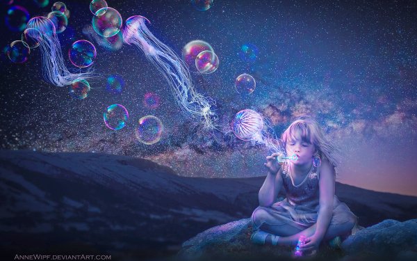 Fantasy Child Little Girl Bubble Night Stars HD Wallpaper | Background Image