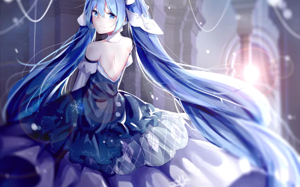 HD anime desktop wallpaper featuring Hatsune Miku and Yuki Miku in a detailed Vocaloid-inspired design with flowing blue hair and intricate outfit.