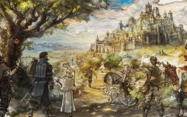 HD wallpaper featuring Octopath Traveler characters Alfyn, Cyrus, H'aanit with Linde, Olberic, Ophilia, Primrose, Therion, and Tressa in a scenic landscape.
